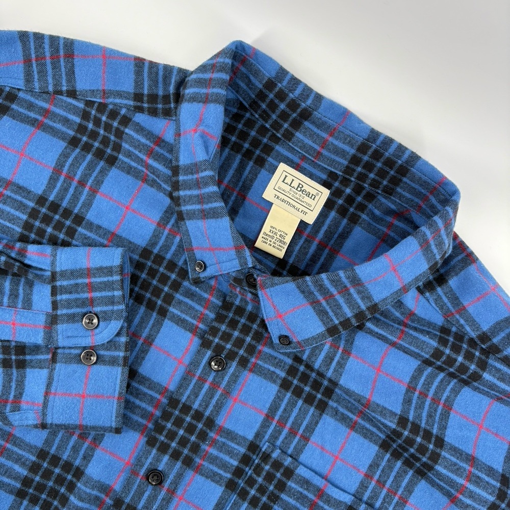 L.L. Bean Men's XXXL Reg Blue Plaid Flannel Long Sleeve Button Down